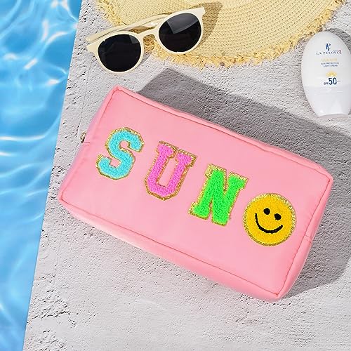 SOIDRAM Small Sun Pink Makeup Bag with Chenille Letter Patches - Travel Cosmetic Organizer for Women