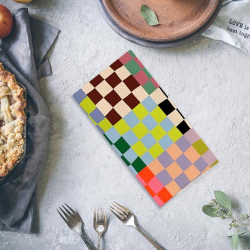 Colorful Checkered Hand Towels - 100% Cotton, 16x24 Inch Absorbent Kitchen & Bathroom Towels