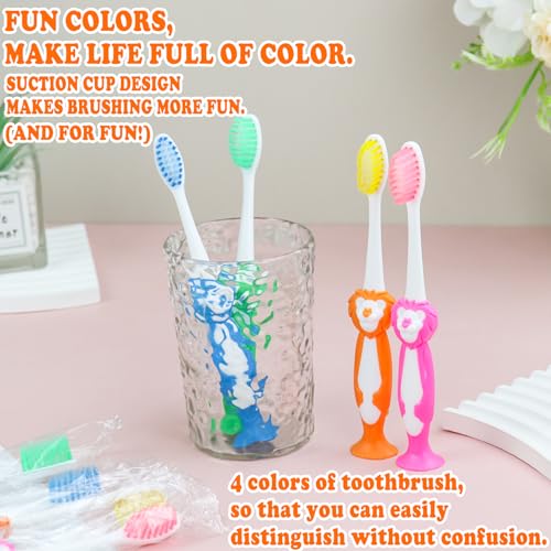 Disposable Toddler Toothbrushes 40 Pack - Cute Animal Lion Design, 4 Bright Colors, Portable & Soft Bristles