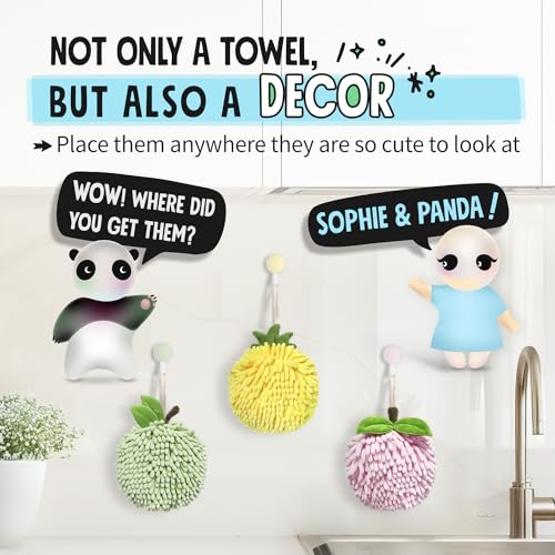 Sophie & Panda Fuzzy Ball Hand Towels Set of 2 - Fruit Themed Microfiber for Kitchen & Bathroom