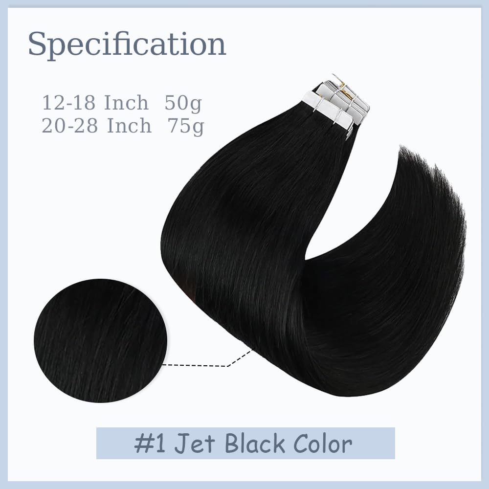#1B Tape in Extensions Human Hair 24 Inch Natural Black Straight Tape in Seamless Extensions Real Human Hair Skin Weft Seamless Invisible Remy Hair 40g 10Pcs.