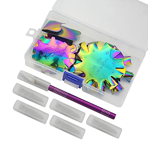 Rainbow French Nail Cutter Set - 12 Stainless Steel Tip Cutters with Handle & 25 Spare Blades