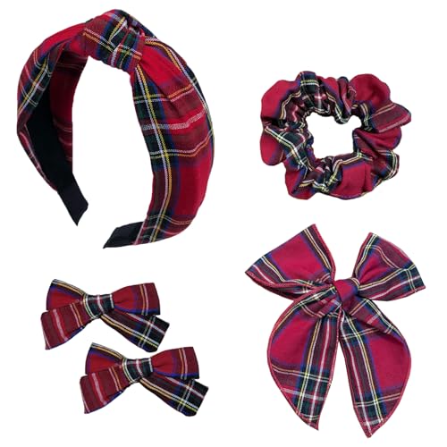 5-Piece Plaid Hair Accessory Set: Knotted Headband, Bows, and Scrunchie