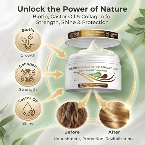 VITAMINS hair cosmetics Keratin Hair Mask - Protein Repair Keratin Treatment - Deep Conditioner for Dry, Damaged, Curly, Straight & Frizzy Hair with Biotin, Collagen & Castor Oil - 8.5 Fl Oz