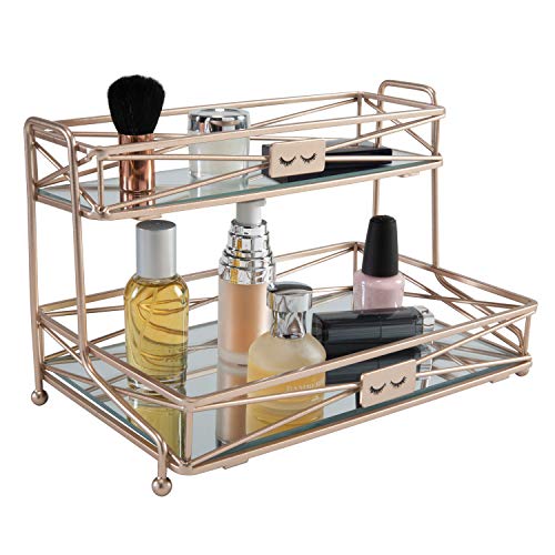 Home Details 2-Tier Mirrored Vanity Tower – Rose Gold Makeup Organizer