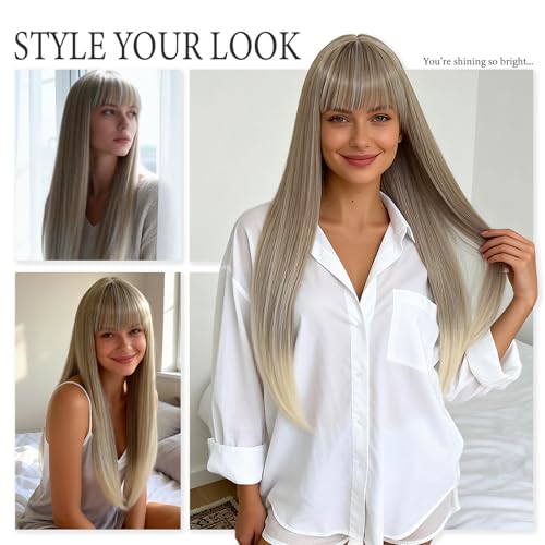 24in Ashy Blonde Straight Wig with Bangs for Women - Bkiyyi