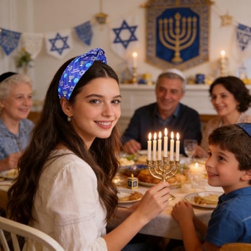 Blue Hanukkah Headband with Dreidl, Menorah & Star of David