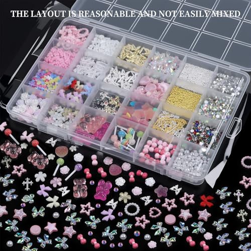 VYNELLE 24 Grid Nail Charms Multicolor Set - Flowers, Butterflies, Gems & Pearls