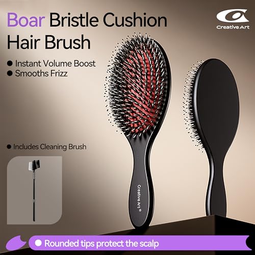 Boar Bristle Hair Brush - Black Natural Wood, Dual-Bristle for Smoothing & Shine