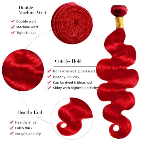 Raivide Red Body Wave Human Hair Bundles 12 Inch - Unprocessed Virgin Hair, 3 Pack