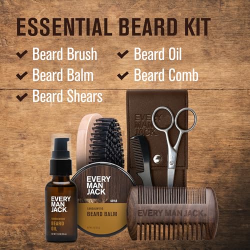 Every Man Jack Beard Care Gift Set for Men ? Complete Grooming Kit with Beard Oil, Balm, Brush, Dual-Sided Comb, Trimming Scissors & Mustache Comb - Sandalwood Scent