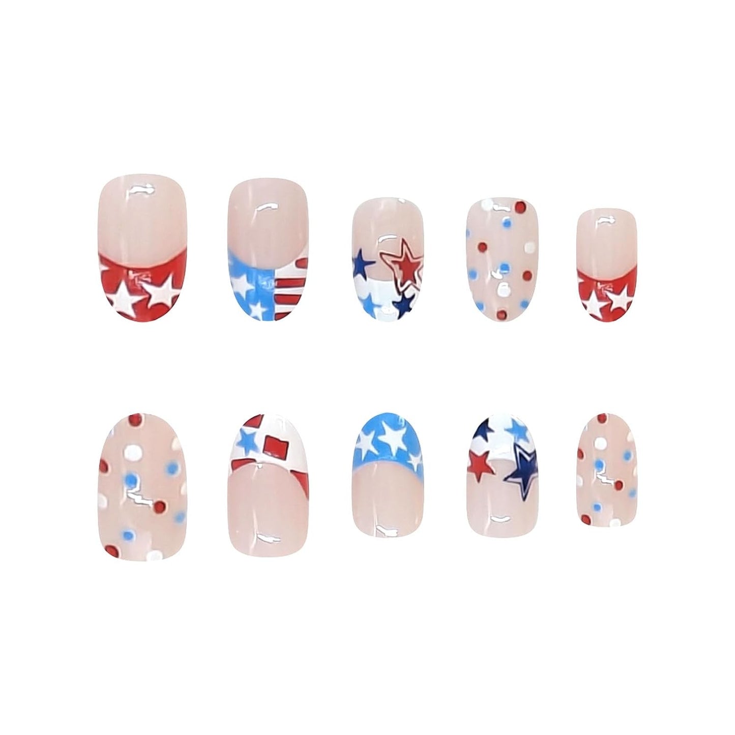Press On Nails - Short Oval French Tip Design | Glossy Pink with Stars & American Flag - 24 Pcs