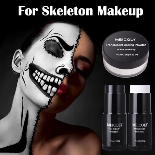 MEICOLY Black & White Face Body Paint Stick Set with Sponges & Setting Powder for Halloween & SFX Makeup