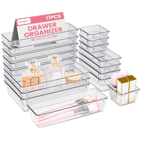 HOUSE DAY 17 Pcs Makeup Drawer Organizer Set - Clear Non-Slip Storage Trays