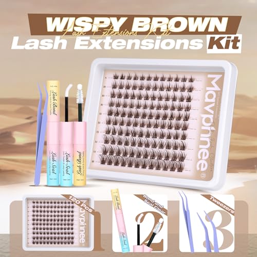 Mavphnee Brown Lash Clusters Kit - 120 Pcs DIY Eyelash Extensions (8-16MM)