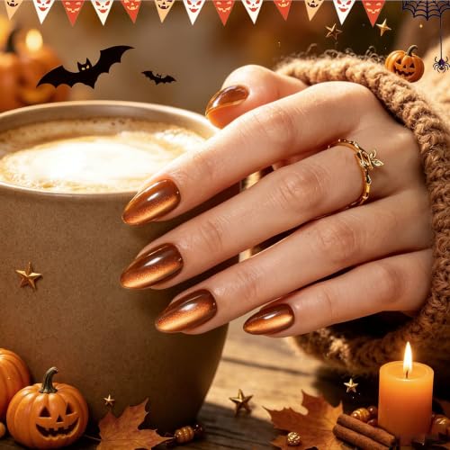 Beetles Cat Eye Press On Nails Short Almond Pumpkin Spice Halloween 3A Burnt Caramel S