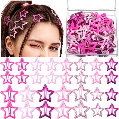 YGDZ 30PCS Y2K Pink Star Hair Clips Set - Glitter Barrettes & Snap Clips
