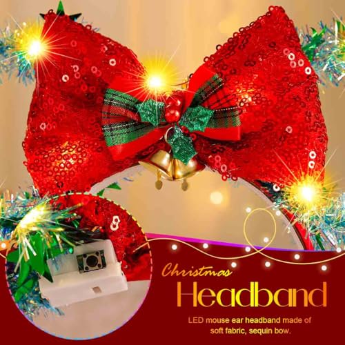 Catery Green Christmas Mouse Ears Headband with Light Up Bow for Women