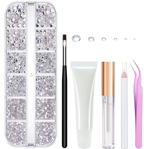 LOIKMIUP Silver Clear Rhinestones Face Gems with Makeup Glue - for Face & Hair Art, Festival & Party Looks, 2000pcs, Multiple Sizes