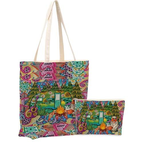 Camper Van 0921 Canvas Tote & Cosmetic Bag Set - Durable Beach Bag for Women