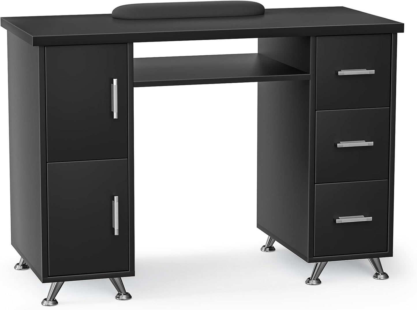 Manicure Table - Durable Nail Desk with 3 Drawers & 2 Cabinets | Acetone-Resistant, Versatile Salon Station (White-Gold)
