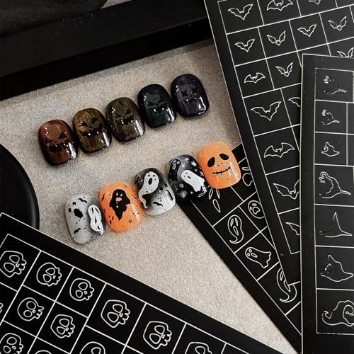 Halloween Nail Stickers Set - Spooky Bat Pumpkin Skeleton Designs, Airbrush Stencils for Nail Art, Self-Adhesive Decals, Style 16