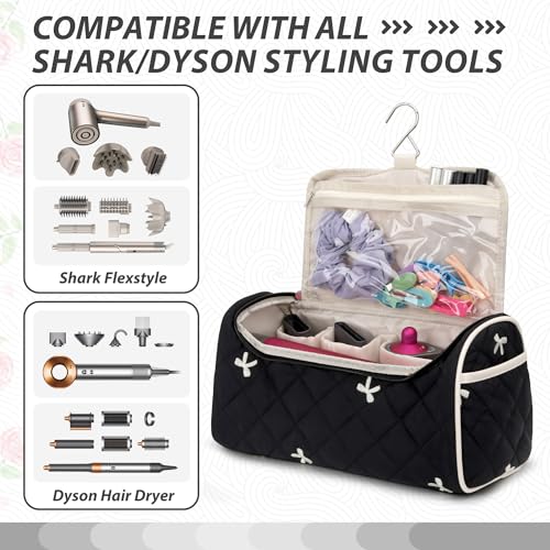 Linpr Quilted Hair Dryer Travel Bag with Bow Black - Portable Hair Tool Organizer