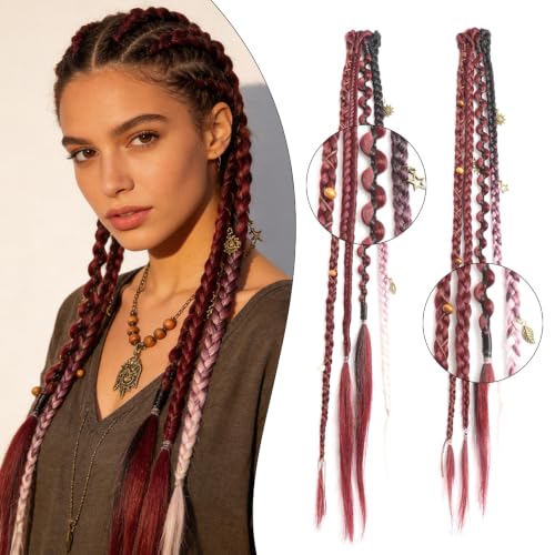 Eliza 16-Inch Boho Braid Hair Extensions - Burgundy & White Clip-In Set