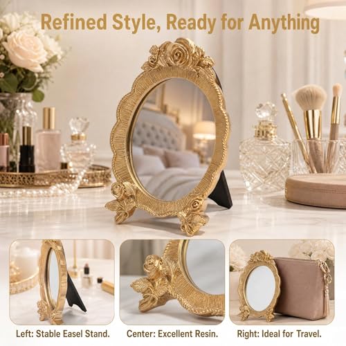 Portable Oval Resin Makeup Mirror with Rose Relief Frame