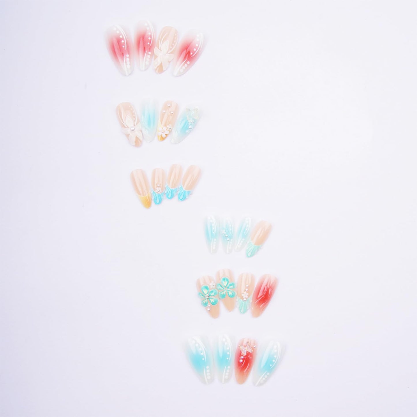 24pcs Summer Press-On Nails | Medium Almond Shape with 3D Flower & Butterfly Designs - Gradient Full Cover Acrylic