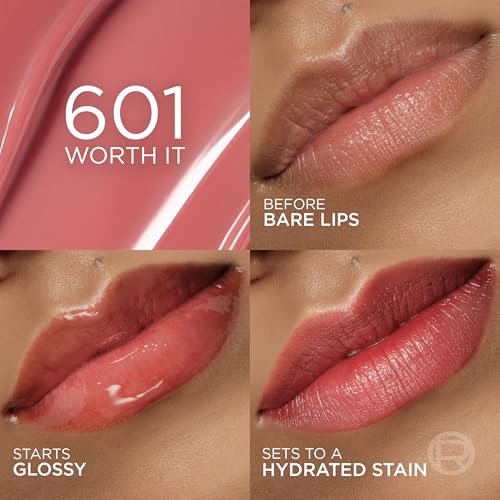L'Oreal Paris Hyaluron Tint Lip Stain Serum, Long Lasting, Hydrating Lip Makeup Infused with Hyaluronic Acid, 601 Worth It (Pinky Nude)
