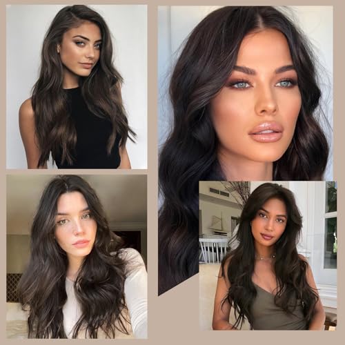 WECAN 20 Inch Clip-In Hair Extensions - Long Wavy Synthetic Brown Black