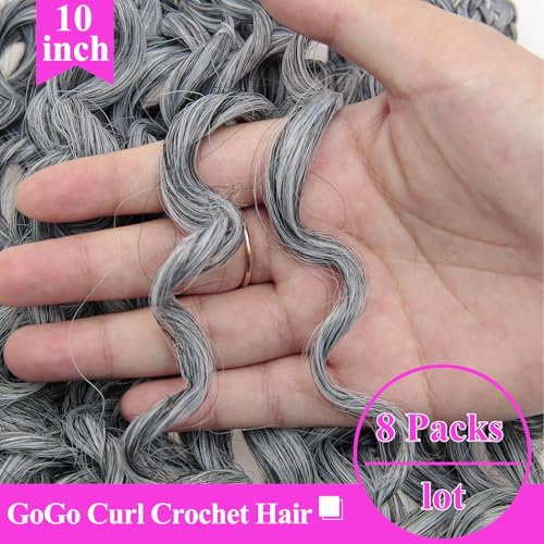 Pre Looped GoGo Curl Crochet Hair 10 Inch 1B/Grey - 8 Packs