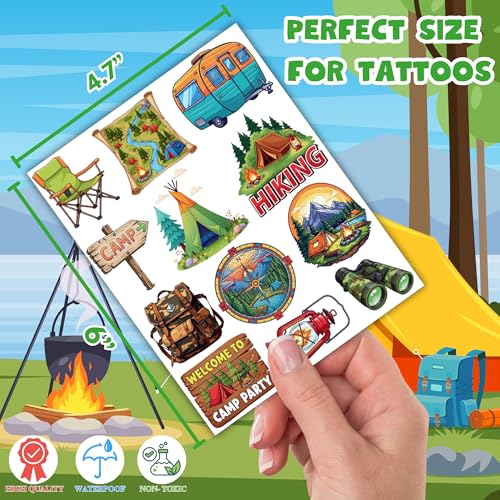 Camping Themed 50-Pack Temporary Tattoos for Kids Party Favors