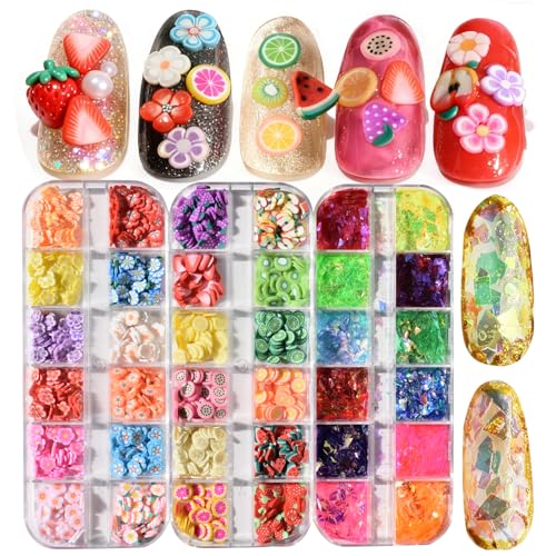 Nail Art Glitter Set with 3 Boxes of Flower & Fruit Slices, Iridescent & Sequins
