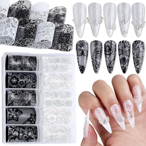 Lace Nail Foil Stickers - 10 Rolls Black & White Holographic Designs