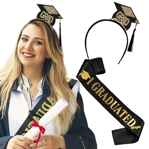 Graduation Headband and Black Satin Sash Set for Commencement Ceremony