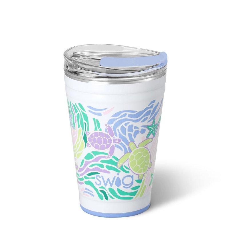 Swig Life 18oz Party Cup, Stackable Insulated Travel Coffee Tumbler with EZ Slider Lid, Cup Holder Friendly, Stainless Steel 18 oz Tumbler, Reusable Coffee Mug (Sea Swirl)