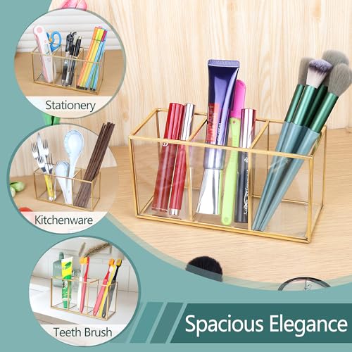 ELEGANTLIFE Clear Tempered Glass Makeup Brush Organizer - 3-Section Holder