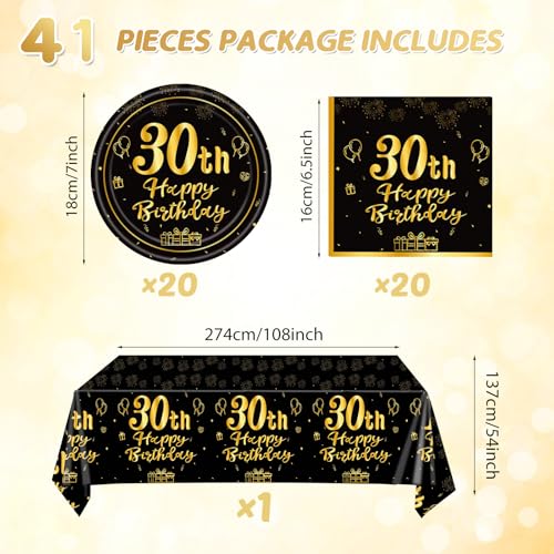 30th Birthday Party Decoration Set - Black Gold Plates, Napkins & Tablecloth