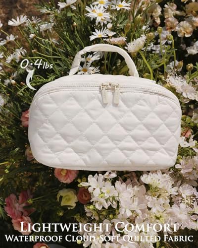 MINGRI Blue Quilted Makeup Bag Set - 180° Lay-Flat Design, 7 Compartments