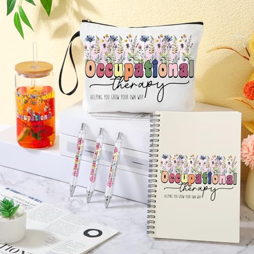 Flower Occupational Therapy Gift Set for Therapists - 6 Pcs with Makeup Bag, Glass Cup, Notebook & Pens