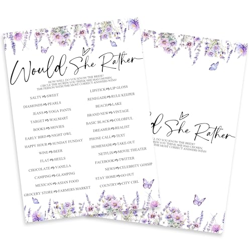 Lavender Bridal Shower Game Card Set - 50 Floral Activity Cards