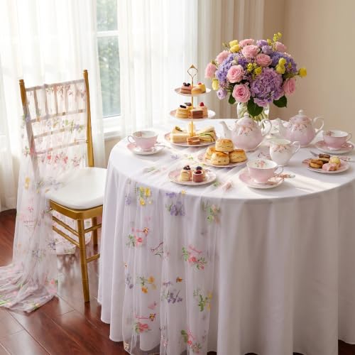 QueenDream Floral Table Runner 10FT White Embroidery Tulle