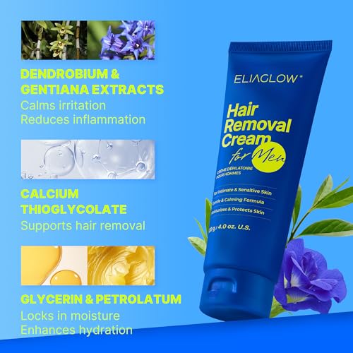 ELIAGLOW Hair Removal Cream for Men & Women - 4 Ounce, Gentle Formula for Intimate Areas, Body, Legs, Chest