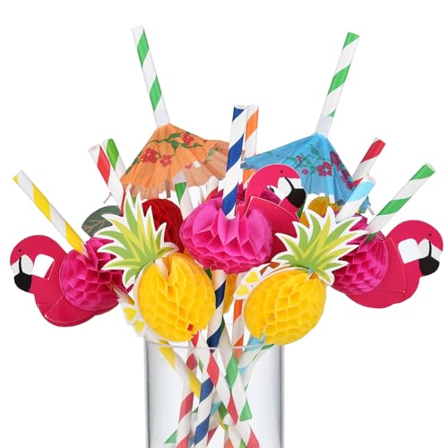 Tropical Party Straws Set - 100PCS 3D Flamingo & Pineapple Straws