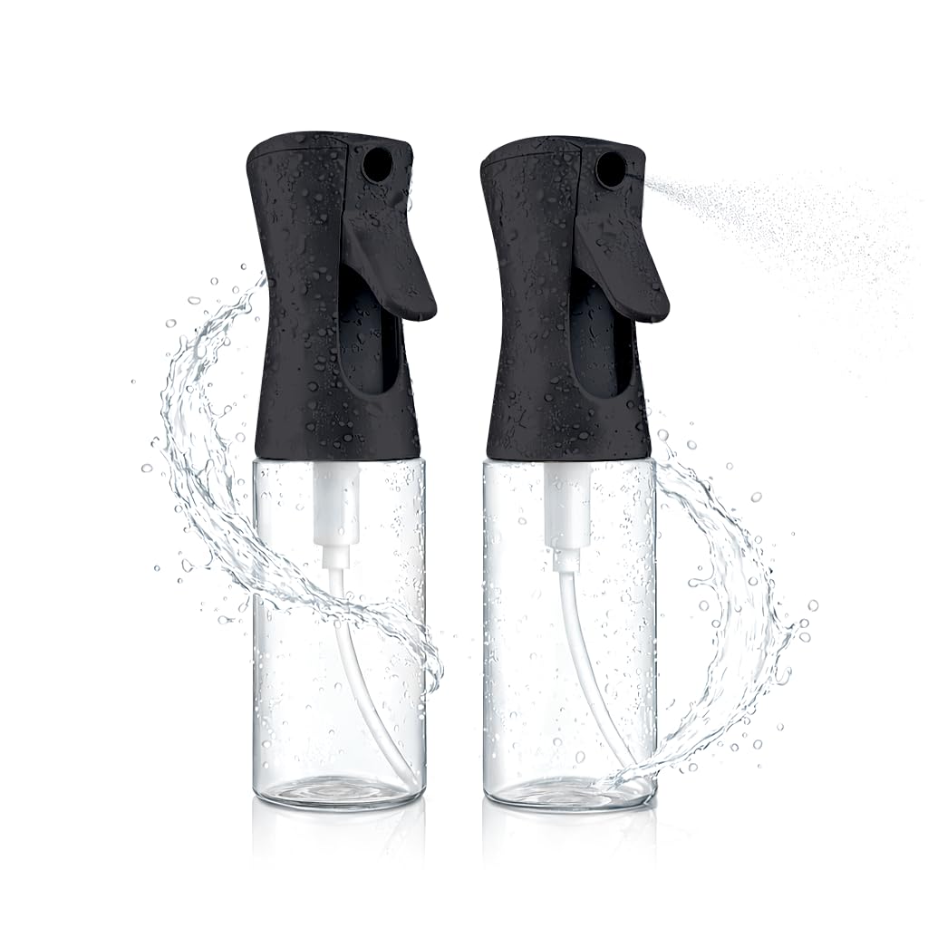 2 Pack Spray Bottles for Hair - Continuous Water Mister Spray Bottles with Ultra Fine Mist Spray for Hairstyling, Barbers, Salons, Skin Care, Cleaning, Plants, Pets (Ebony, 6.8 oz)