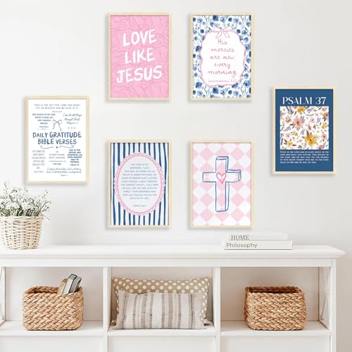 Christian Wall Art Set - Pink Blue Bible Verse Canvas Prints 8x10