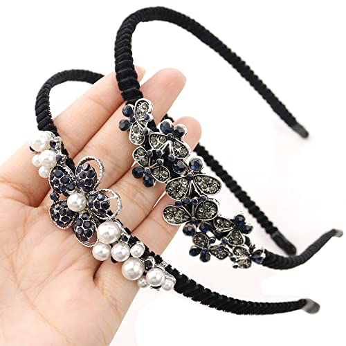 2 Pack Rhinestone Hair Accessories - Crystal Headbands & Pearl Flower Clips for Women