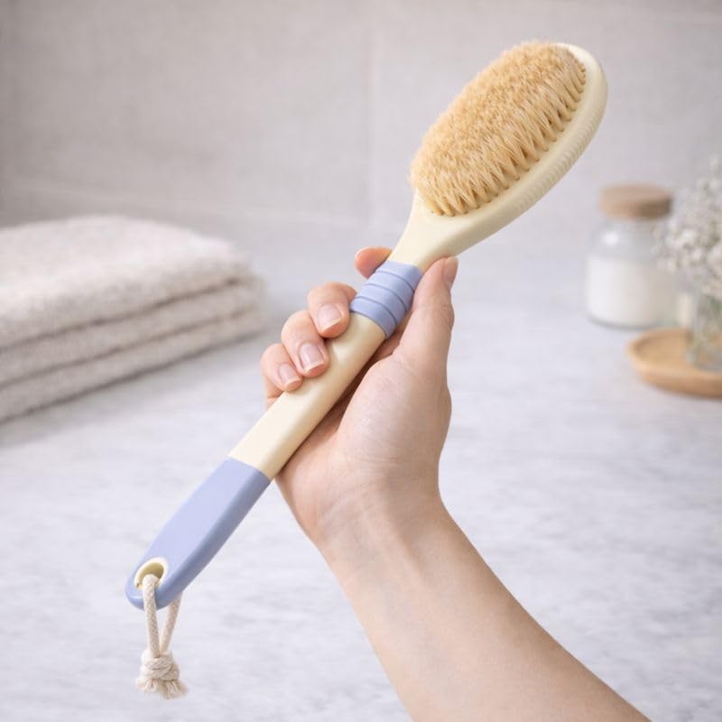 Japanese Back Scrubber with Natural Boar Bristles - Flexible Long Handle Body Brush for Showering